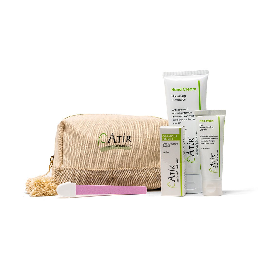ATiR Starter Natural Nail Care Kit with Nail-Trition, Nourishing Protection Hand Cream, Polishing Stone, and Glamour Fix 2N1 Top Coat for natural nail strengthening and hydration.
